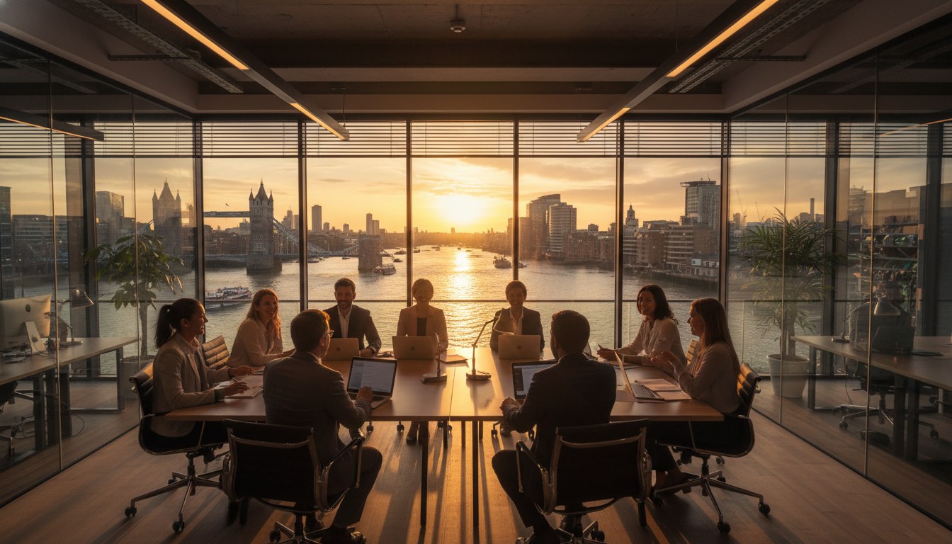 A wide-angle shot of a modern, glass-walled office in Canary Wharf, London, with a diverse group of professionals collaborating around a wooden table, overlooking the Thames River at sunset, cinematic lighting, high resolution.