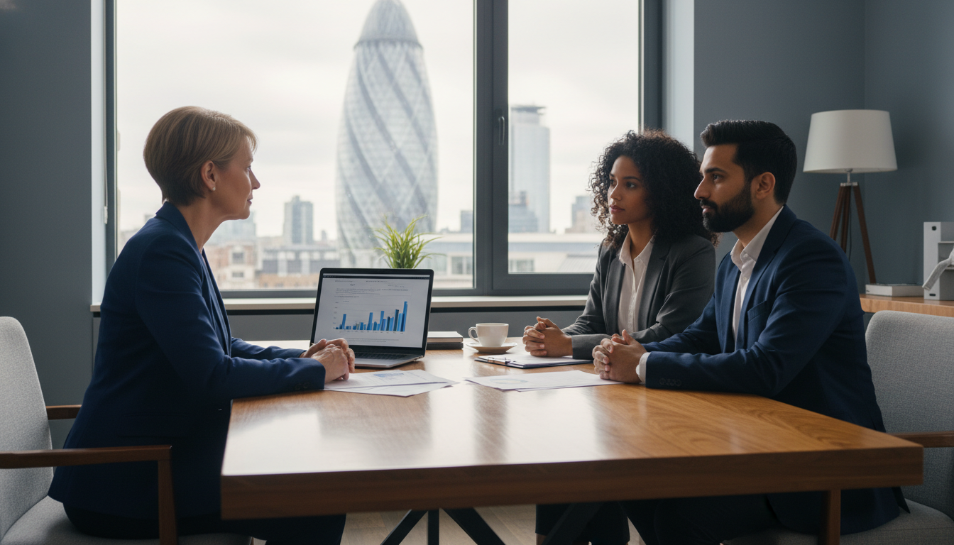 A professional tax advisor sitting across a wooden desk from a diverse expat couple in a modern London office with a view of the Gherkin skyscraper, soft natural lighting, high-quality photography style