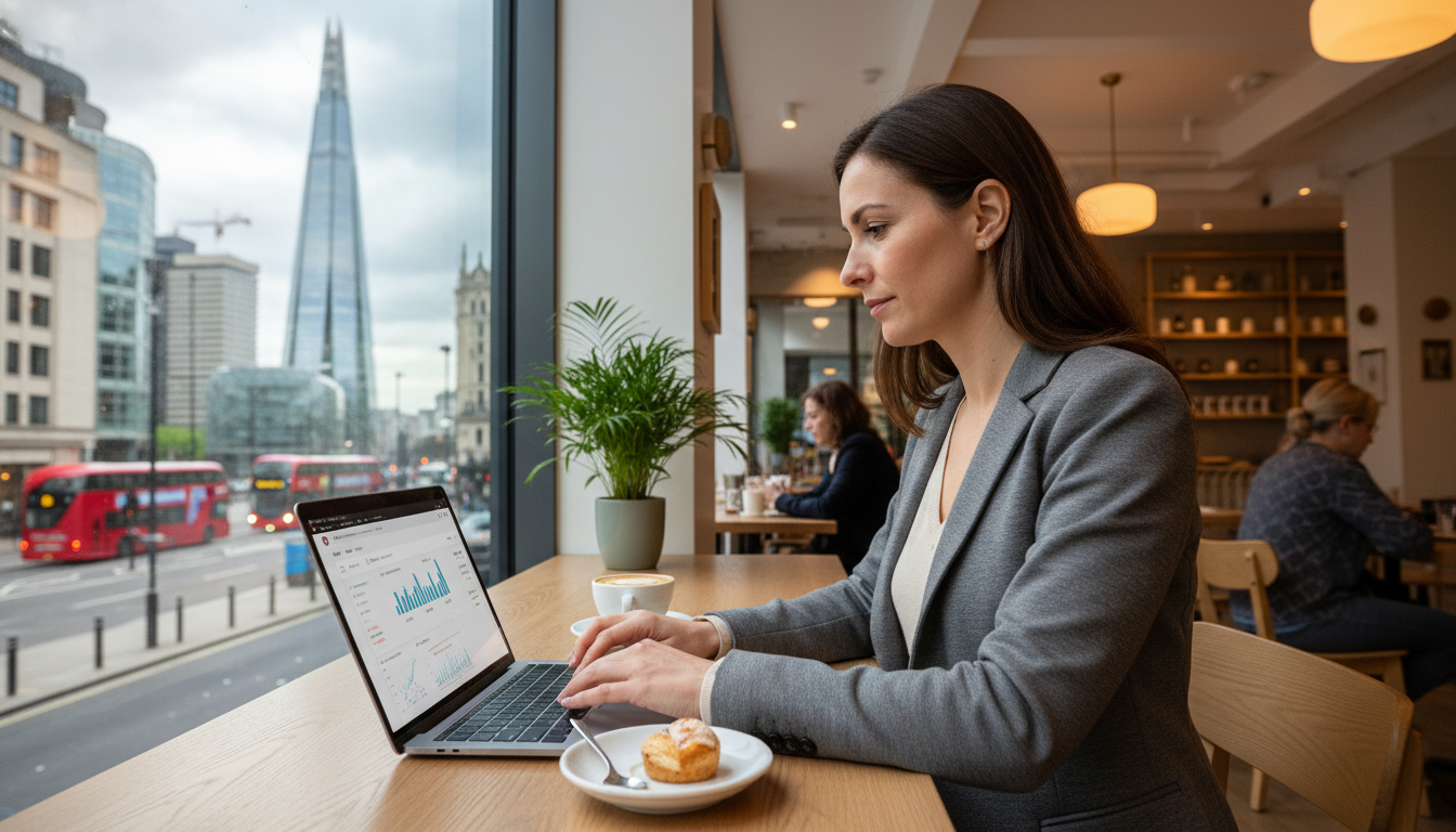 A professional expat sitting in a bright, modern London cafe, using a sleek laptop to manage a digital bank account, with a view of the Shard through the window, high-quality photography, 4k resolution