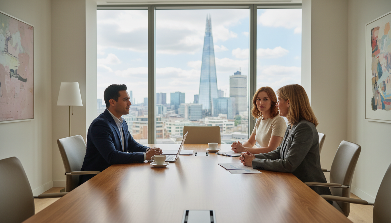 A professional financial advisor sitting across from an international couple in a modern London office with a view of the Shard through the window, high-quality, photorealistic, professional atmosphere