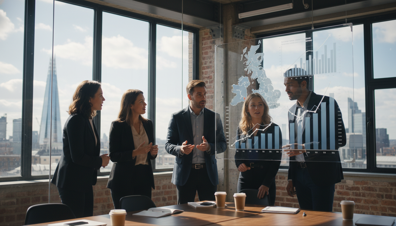 A diverse group of entrepreneurs in a modern, glass-walled London co-working space, looking at a digital screen showing growth charts and UK maps, bright natural lighting, professional yet creative atmosphere