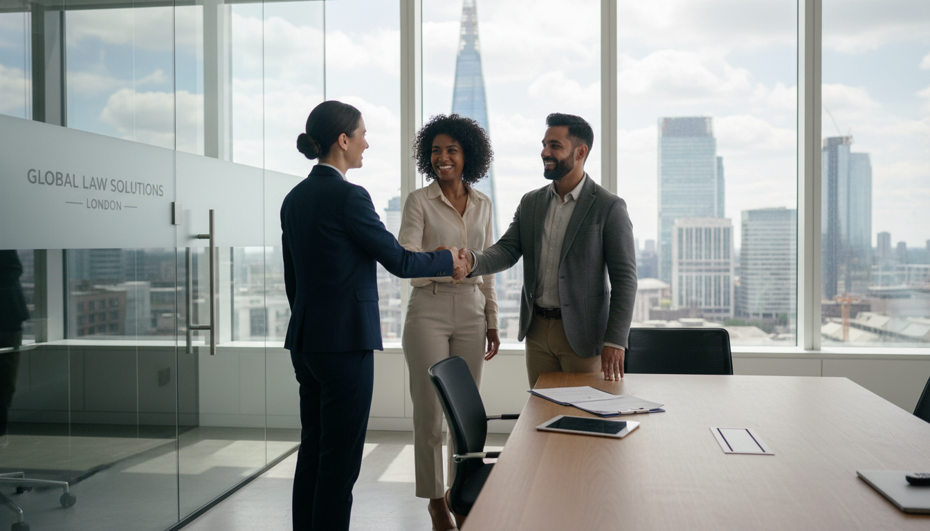A professional legal consultation setting in a modern London office, an immigration lawyer shaking hands with a diverse expat couple, bright natural light, professional photography style, highly detailed, 8k resolution