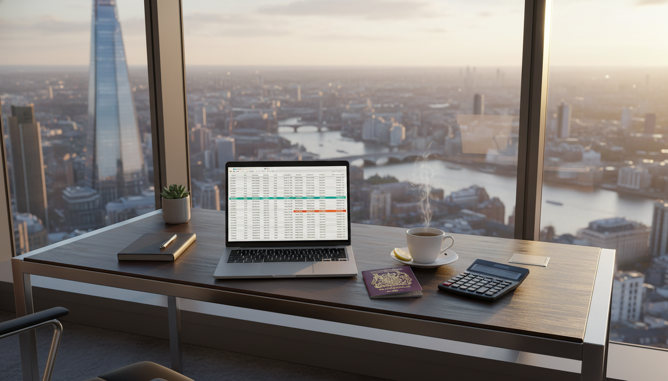 A sleek, modern office desk in a London high-rise overlooking the city skyline, featuring a laptop with financial spreadsheets, a British passport, a calculator, and a steaming cup of Earl Grey tea, captured in high-resolution professional photography with warm morning light.