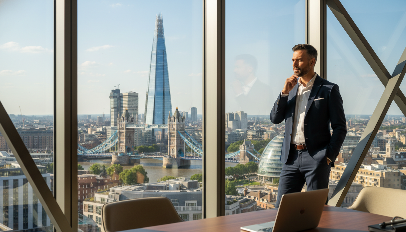 A professional expat entrepreneur looking out over the London skyline with the Shard and Tower Bridge in the background, bright daylight, high-quality architectural photography style.