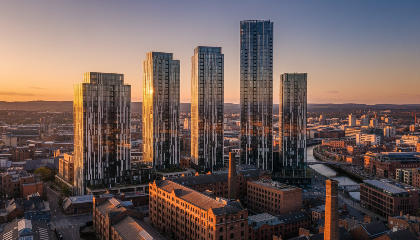 A high-angle cinematic shot of a modern Manchester skyline at sunset, showing sleek glass residential skyscrapers reflecting golden light, with traditional brick industrial buildings in the foreground, representing the blend of old and new UK architecture.