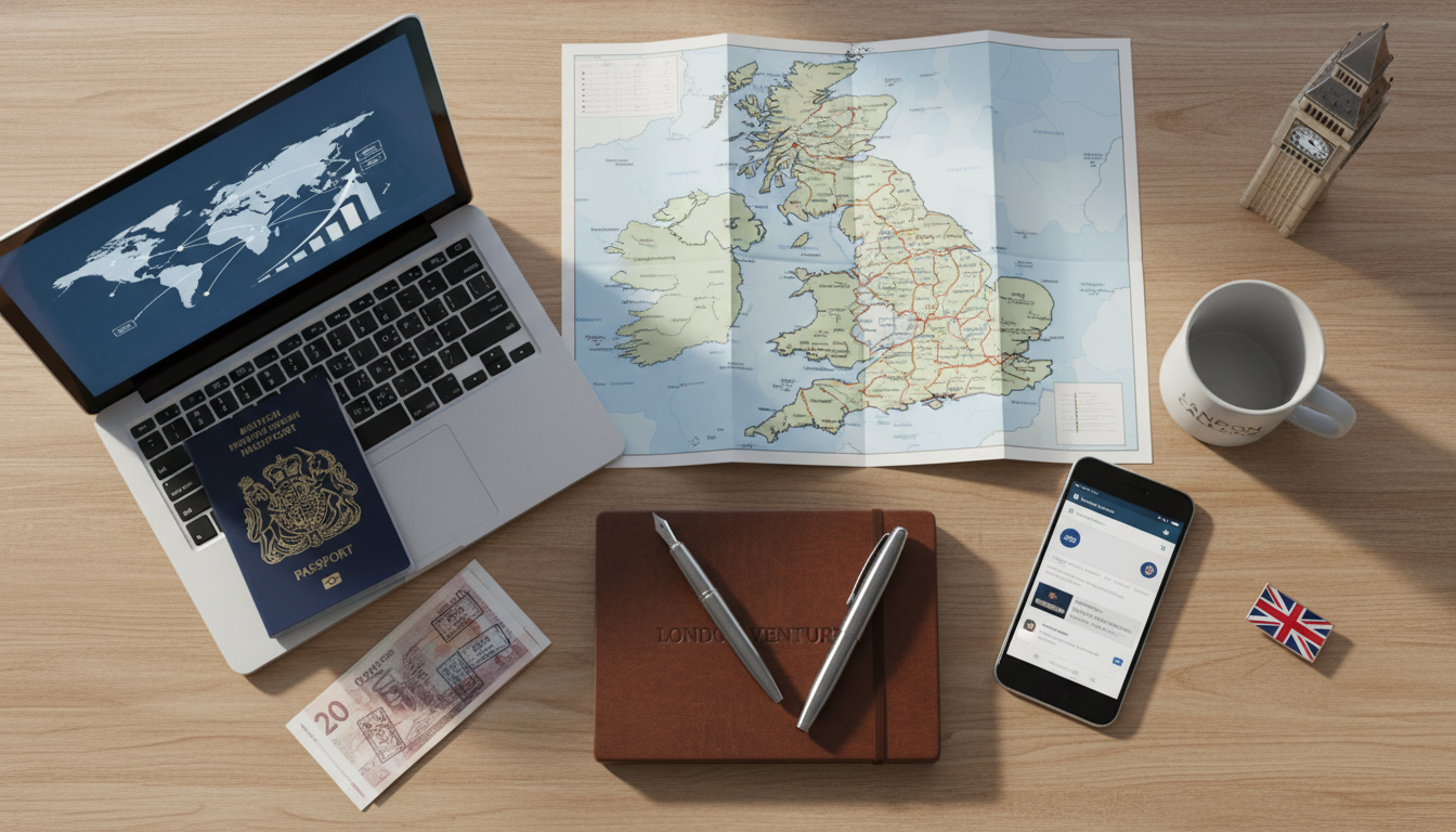 A high-quality, professional flat lay of a modern workspace featuring a UK map, a British passport, a sleek laptop, and a fountain pen, representing international business expansion into the United Kingdom, cinematic lighting.