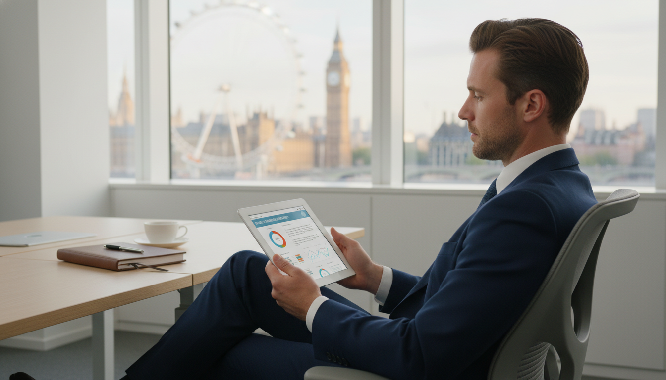 A professional expat sitting in a brightly lit, modern London office looking at health insurance documents on a tablet, with a blurred view of the London Eye and Westminster in the background through the window.